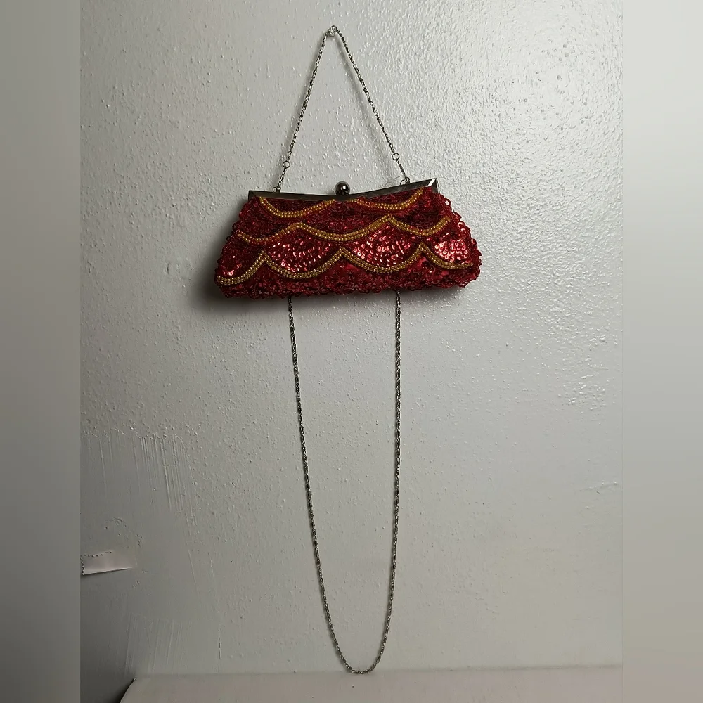 Evening Sequin Satin Mini Bag Beads Clutch Kiss Lock Red Metal Two Strap_9